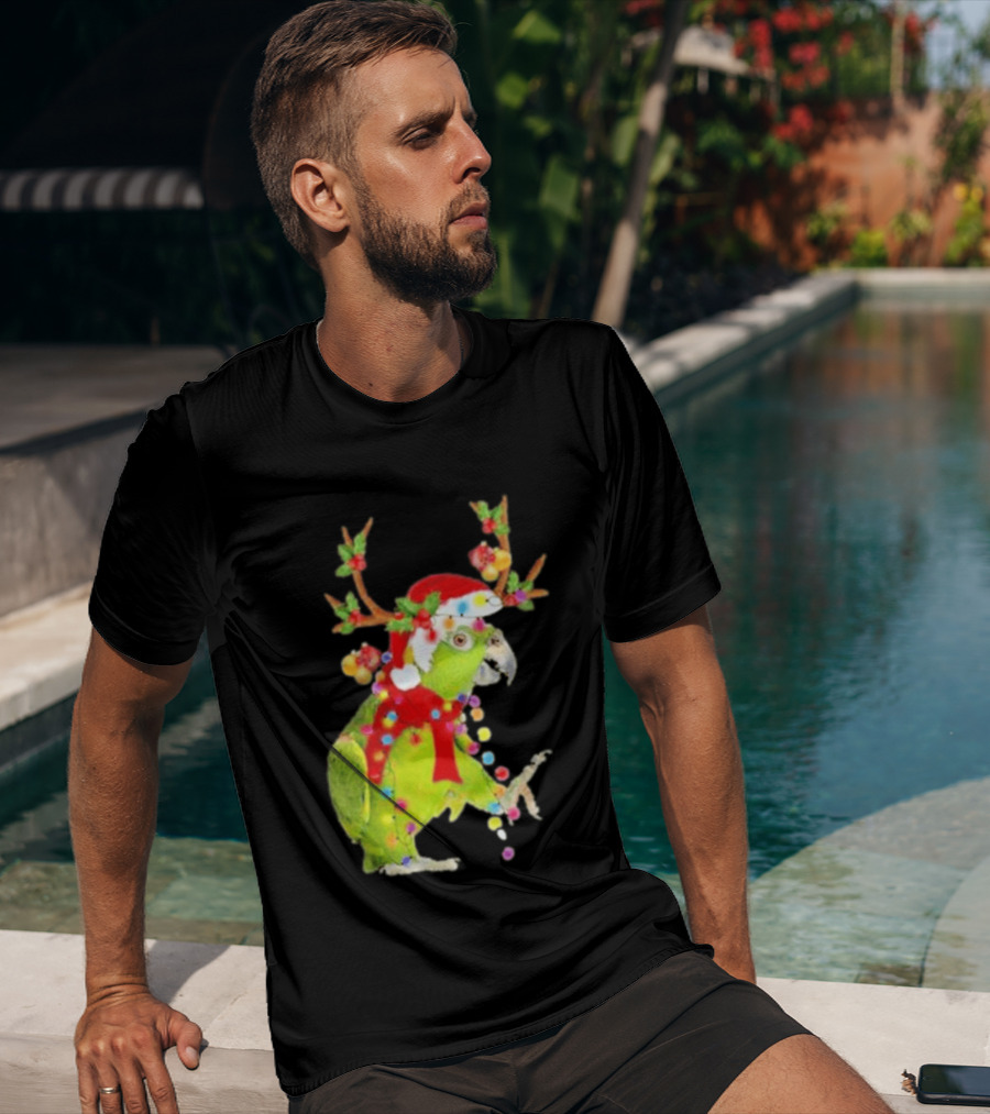 Festive Parrot Wearing Santa Hat And Reindeer Antlers T-Shirt