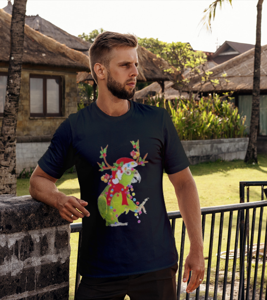 Festive Parrot Wearing Santa Hat And Reindeer Antlers T-Shirt