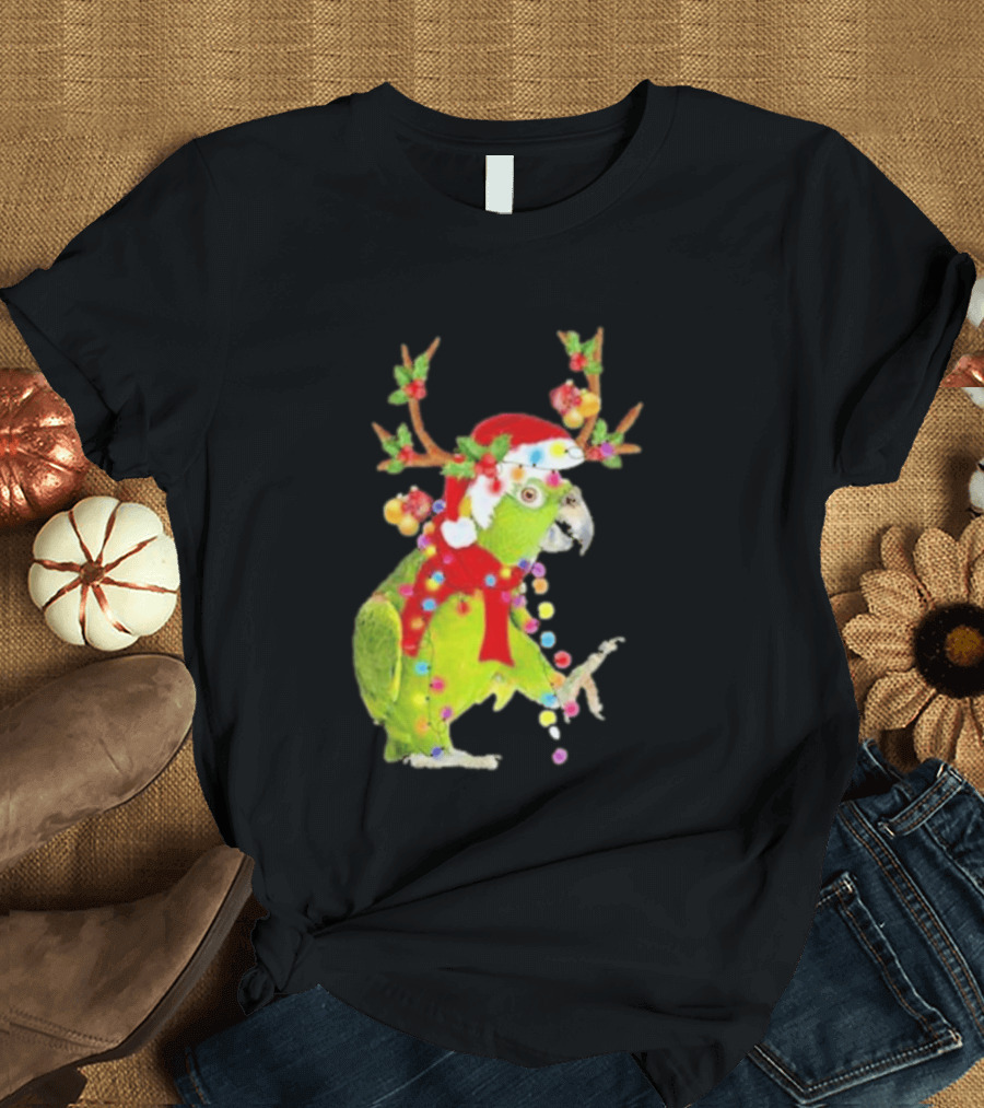 Festive Parrot Wearing Santa Hat And Reindeer Antlers T-Shirt