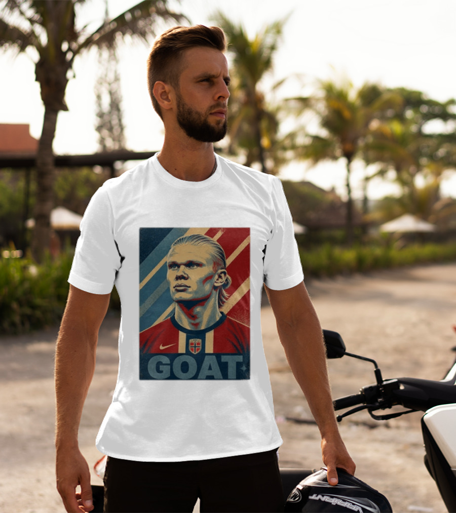 Erling Haaland G.O.A.T Norway Soccer Legend Iconic Red Blue Stripes T-Shirt