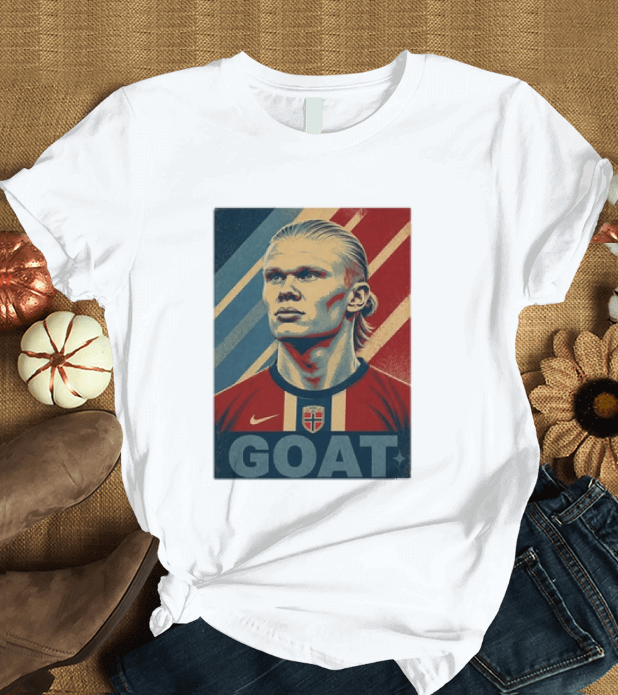 Erling Haaland G.O.A.T Norway Soccer Legend Iconic Red Blue Stripes T-Shirt