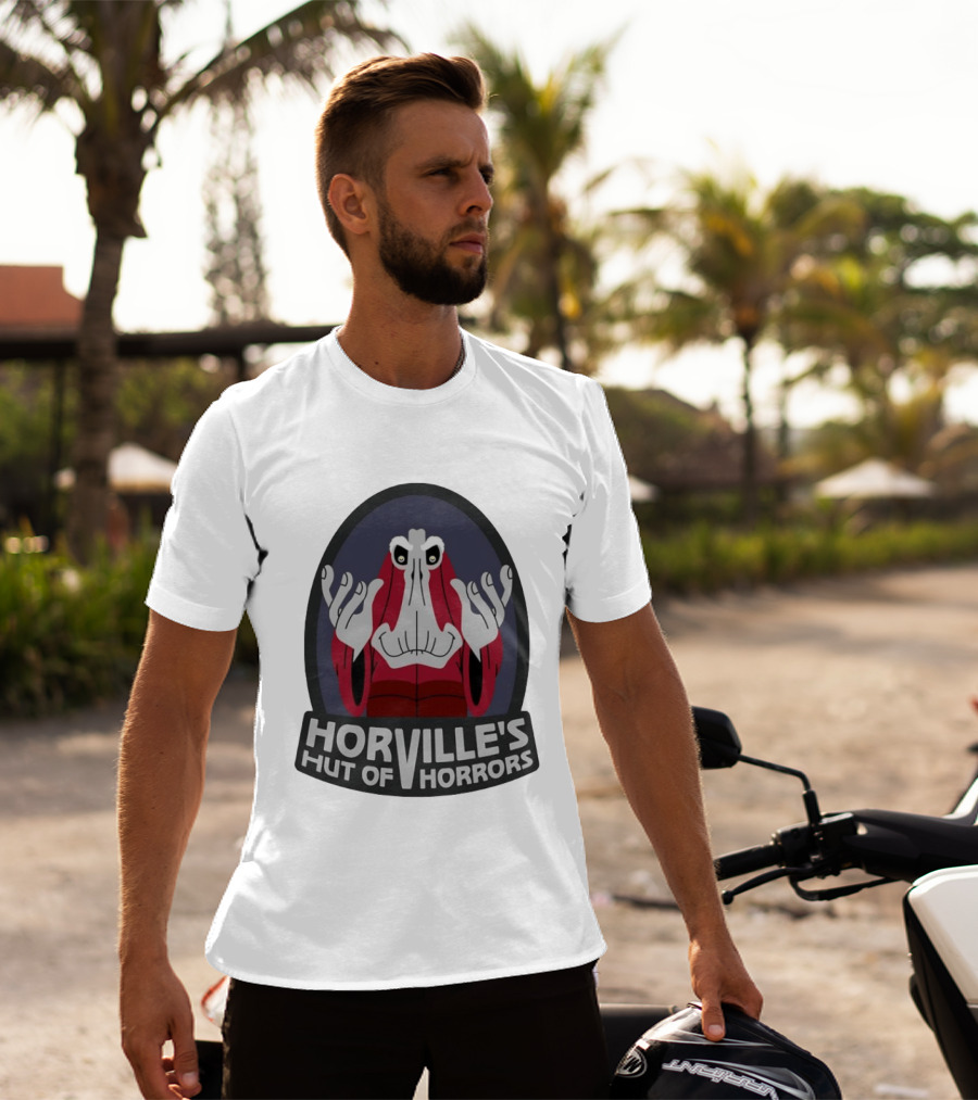 Horville's Hut Of Horrors Angry Red Clad Monster With Creepy Hands T-Shirt
