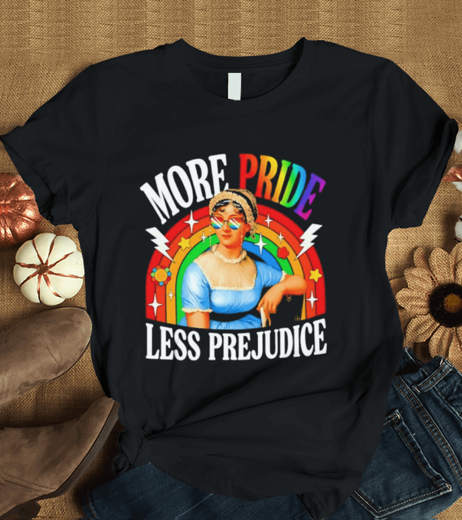 More Pride Less Prejudice LGBTQ Rainbow Heart Jane Austen Pride Month T-Shirt