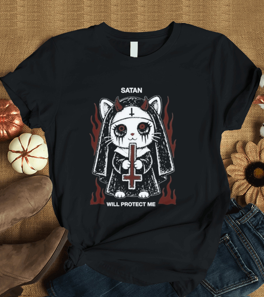 Satan Will Protect Me Goth Cat Nun Dark Aesthetic Devil Horns Fiery Flames T-Shirt