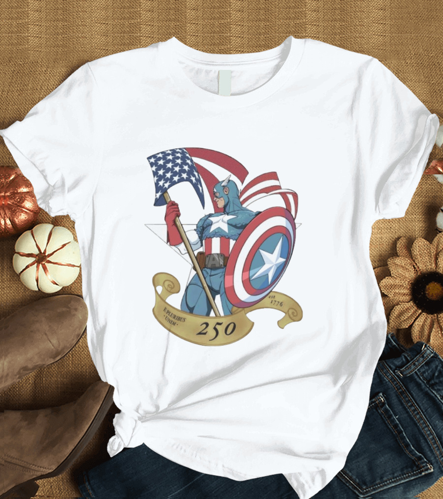 Captain America Marvel 250 E Pluribus Unum EST 1776 Patriotic Hero Shield American Flag T-Shirt