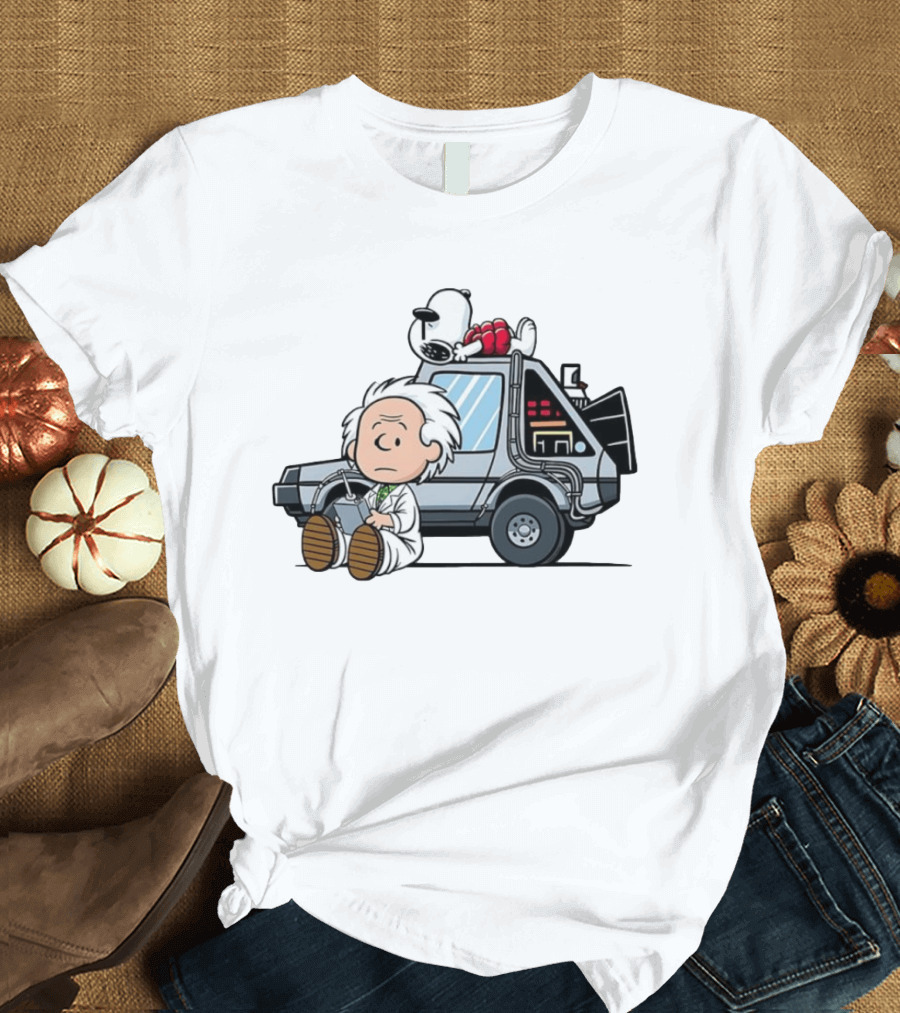 Doc Brown Snoopy Back To The Future Delorean Time Machine Cartoon Mashup T-Shirt