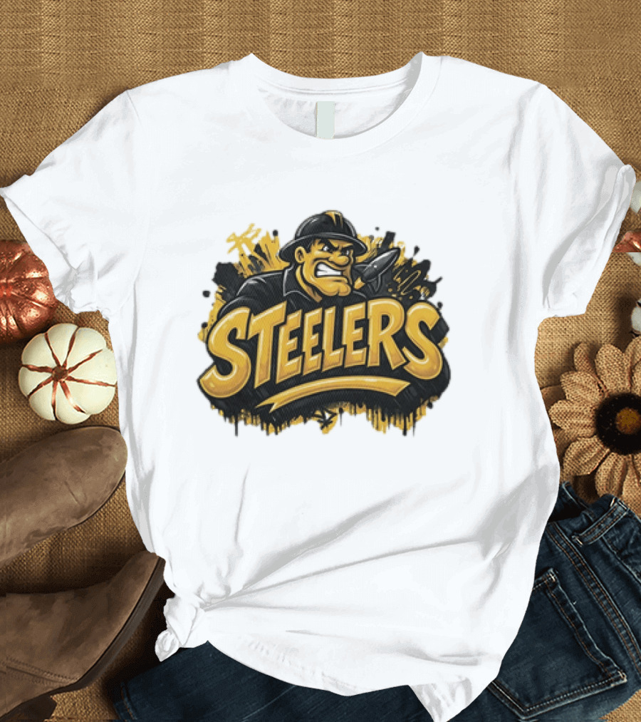 Pittsburgh Steelers Graffiti Steel Worker Emblem With Tough T-Shirt