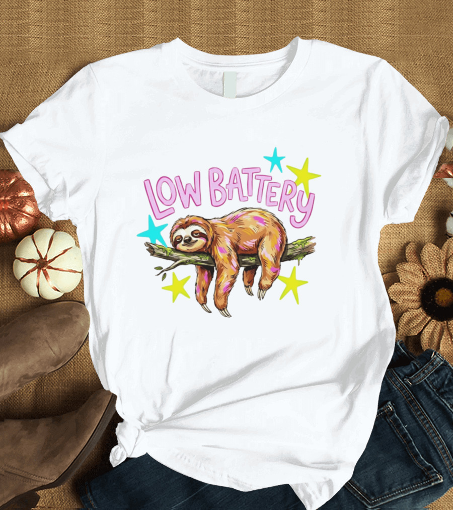Lazy Sloth Low Battery Tired Animal With Colorful Stars T-Shirt