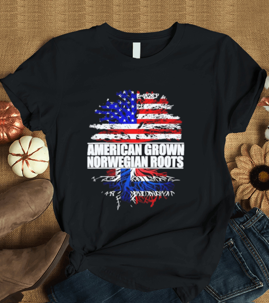 American Grown Norwegian Roots Flag Tree Heritage T-Shirt
