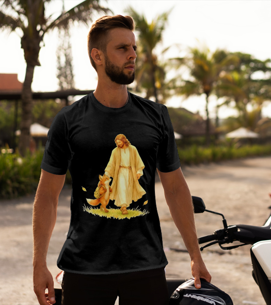 Jesus Christ And Fox Companion With Backpack In Nature Scene T-Shirt