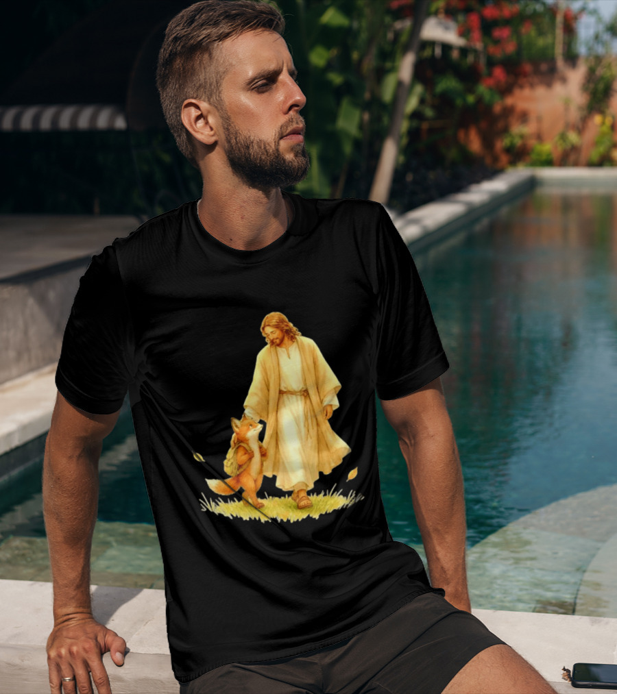 Jesus Christ And Fox Companion With Backpack In Nature Scene T-Shirt
