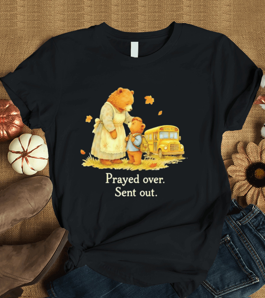 Mama Bear And Cub School Bus Prayed Over Sent Out Back To School Autumn Scene T-Shirt