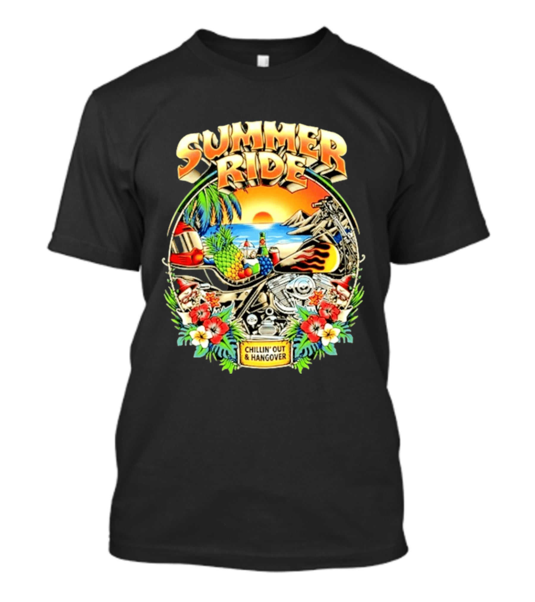 Summer Ride Chillin' Out Hangover Motorcycle Beach Sunset Tropical Fruits Floral T-Shirt