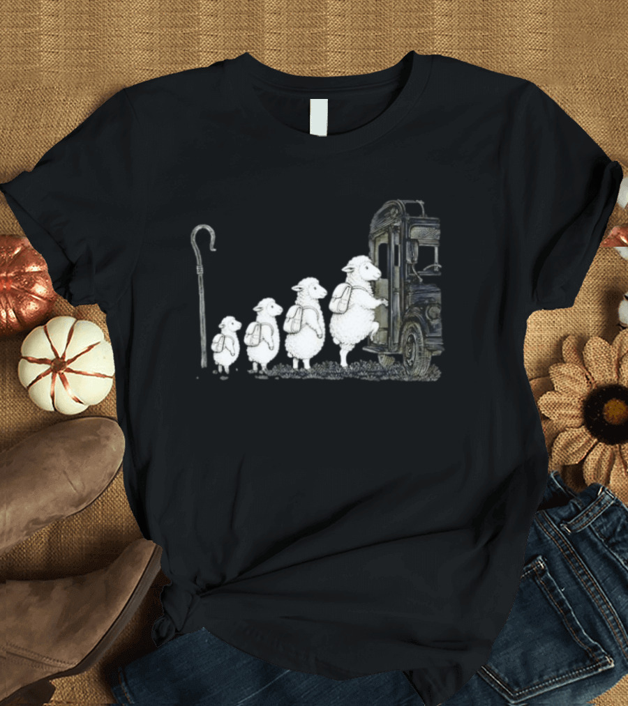 Sheep Boarding School Bus With Shepherd Staff Learning Journey T-Shirt