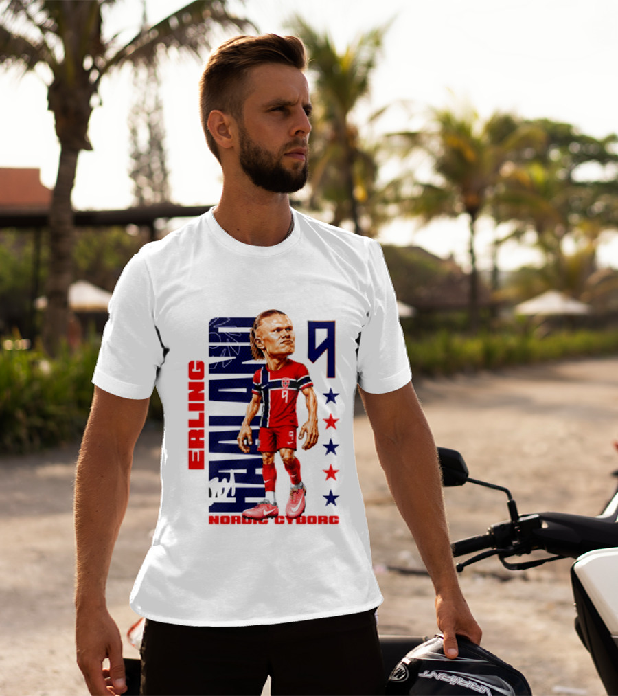 Erling Haaland No 9 Nordic Cyborg Stars And Stripes Caricature T-Shirt