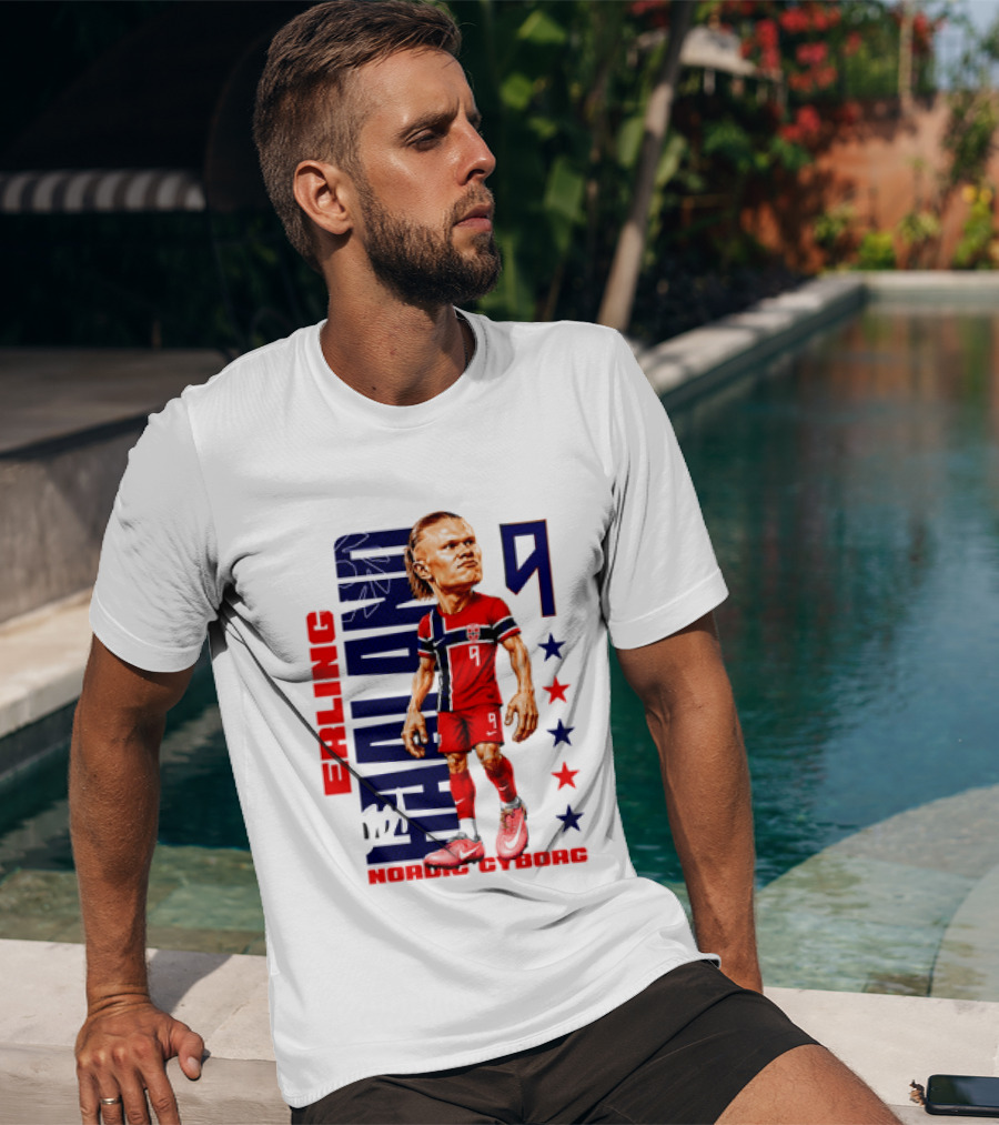 Erling Haaland No 9 Nordic Cyborg Stars And Stripes Caricature T-Shirt
