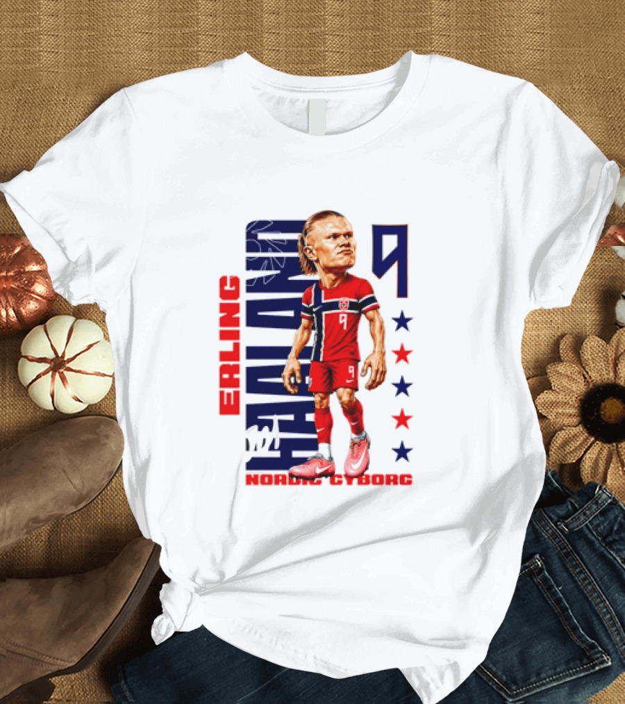 Erling Haaland No 9 Nordic Cyborg Stars And Stripes Caricature T-Shirt