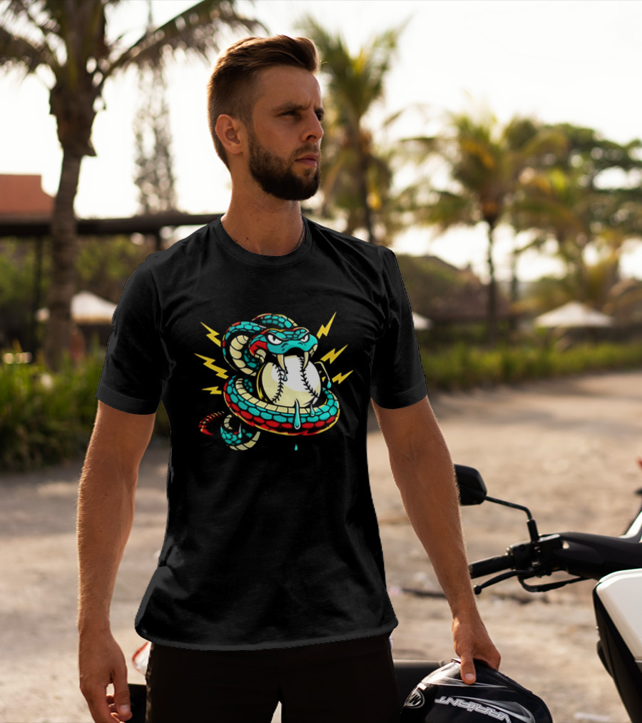 Snake Wrapped Around Baseball Surrounded By Lightning Strikes T-Shirt