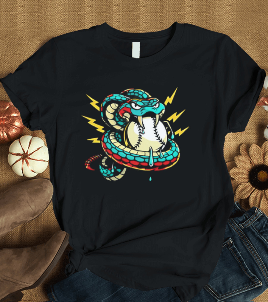 Snake Wrapped Around Baseball Surrounded By Lightning Strikes T-Shirt