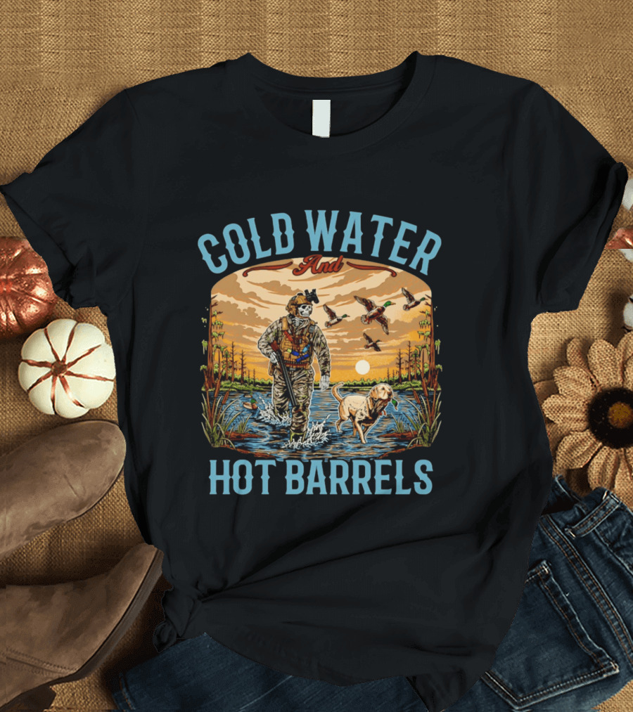 Cold Water And Hot Barrels Skeleton Hunting Ducks Scene With Dog T-Shirt