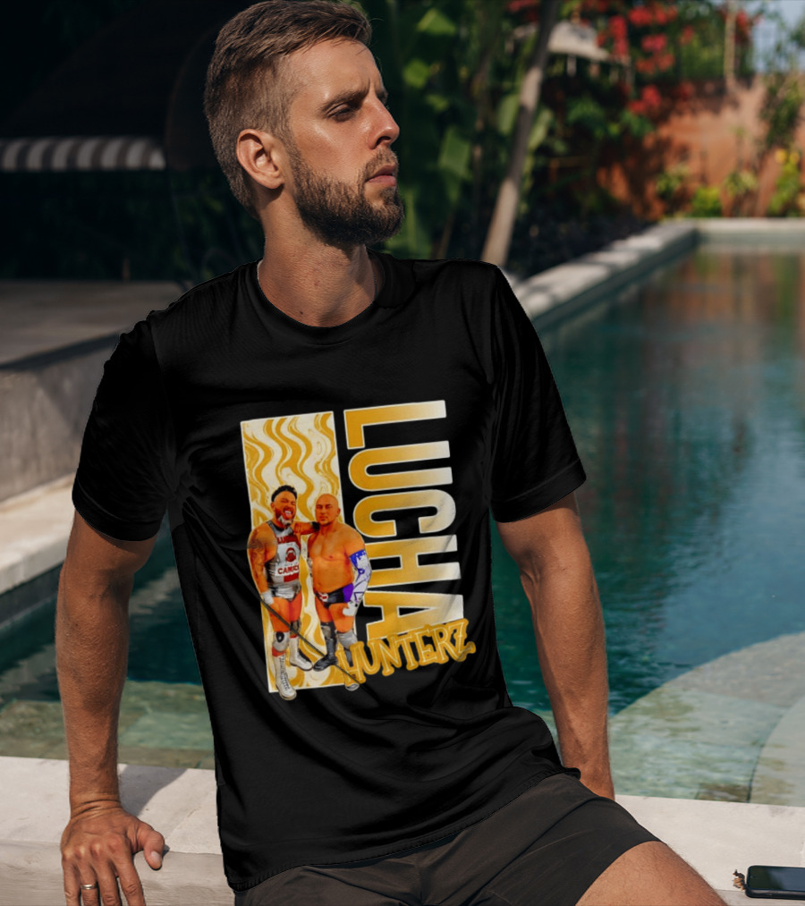 Lucha Hunterz Wrestlers Duo With Llamas And Gold Accents T-Shirt