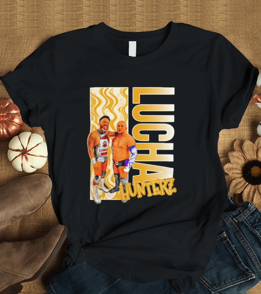 Lucha Hunterz Wrestlers Duo With Llamas And Gold Accents T-Shirt