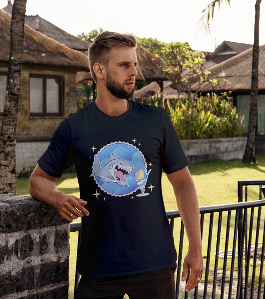 Shark Chasing Colorful Shaved Ice In Sky Circle With Stars T-Shirt