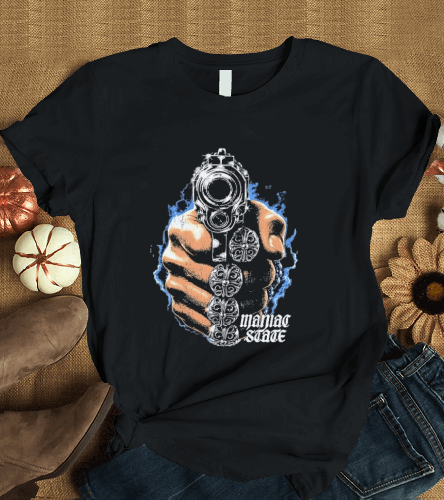 Maniac State Handgun Fist Chrome Cross Rings T-Shirt
