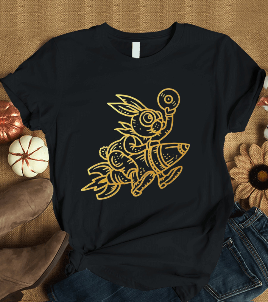 Golden Rabbit Riding A Rocket With Vinyl Record Music Space Adventure T-Shirt