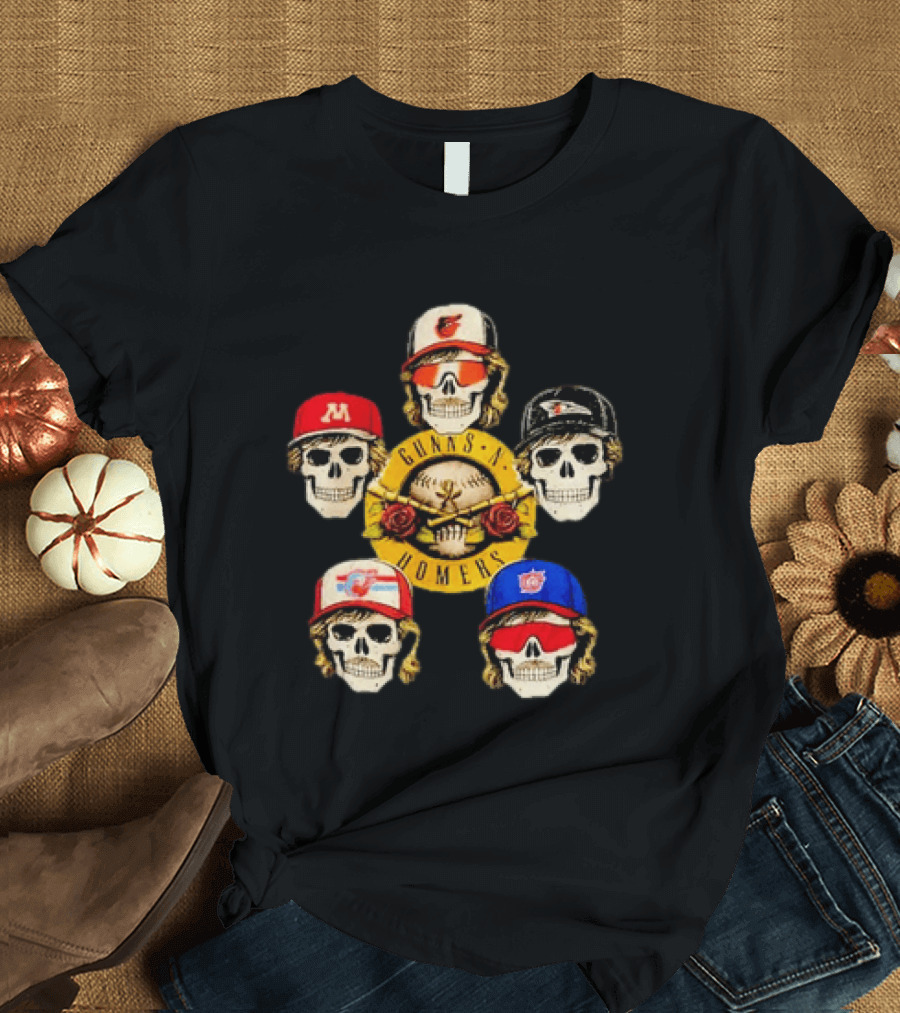 Gunns N Homers Baseball Skull Mashup With Five Caps T-Shirt