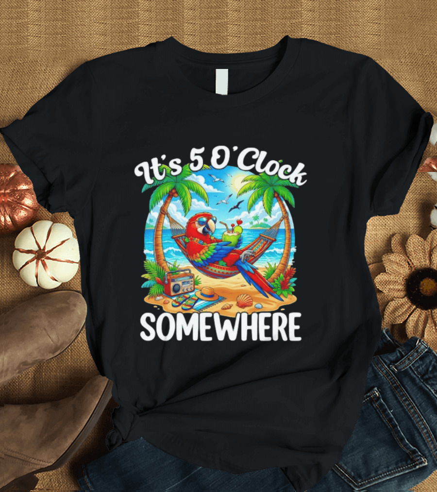 Parrot Relaxing In Hammock On Tropical Beach With It's 5 O' Somewhere Vibe T-Shirt