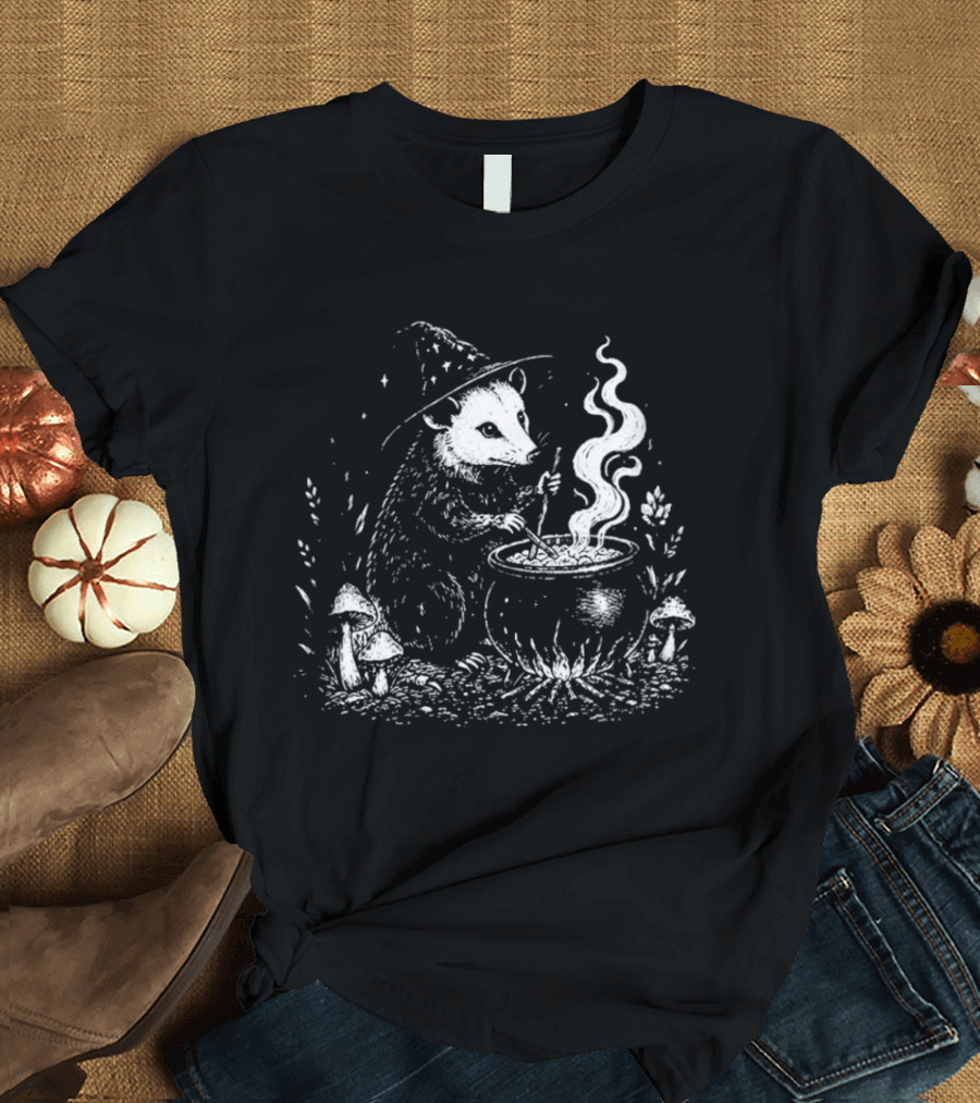 Witch Opossum Stirring Cauldron Surrounded By Mushrooms T-Shirt