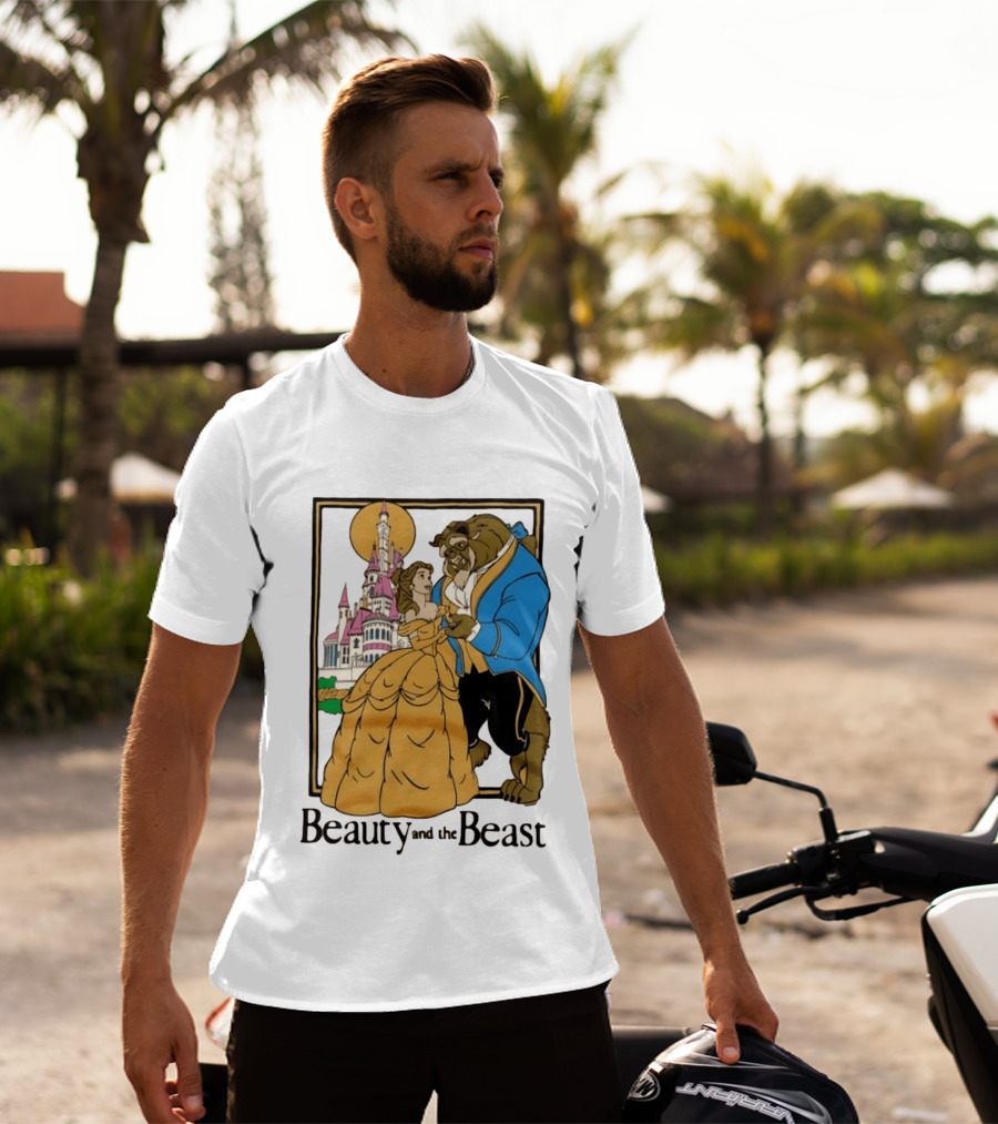 Beauty And The Beast Belle And Beast Dancing In Front Of Castle T-Shirt