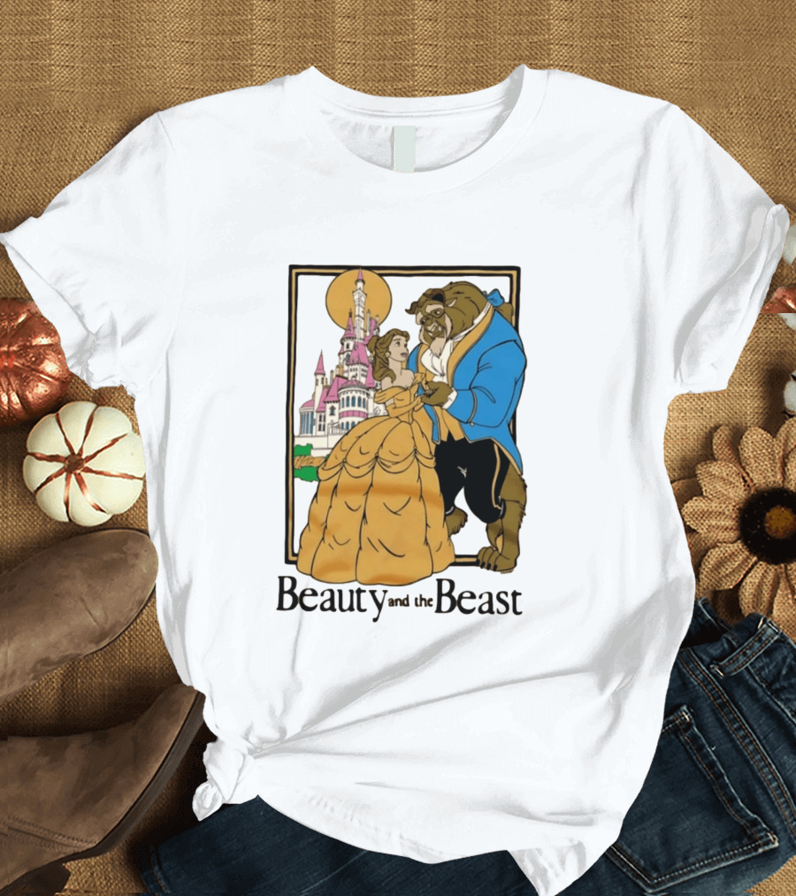 Beauty And The Beast Belle And Beast Dancing In Front Of Castle T-Shirt
