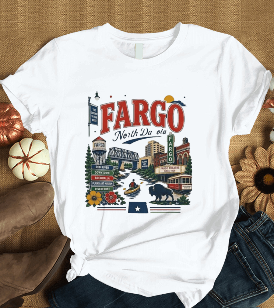 Fargo North Dakota Red River Downtown Brewhalla Plains Art Museum Riverfront Theatre T-Shirt