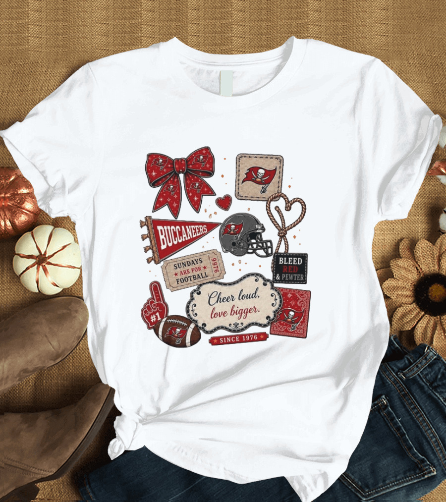 Tampa Bay Buccaneers Mom Red Floral Bow Cheer Loud Love Bigger Football Patch Collage T-Shirt