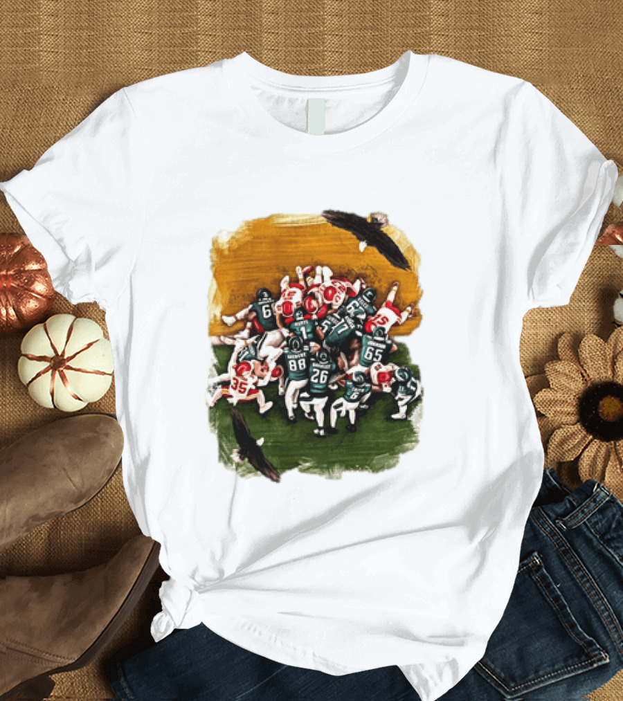 Philadelphia Eagles Tush Push Jalen Hurts Saquon Barkley Jason Kelce Action Play T-Shirt