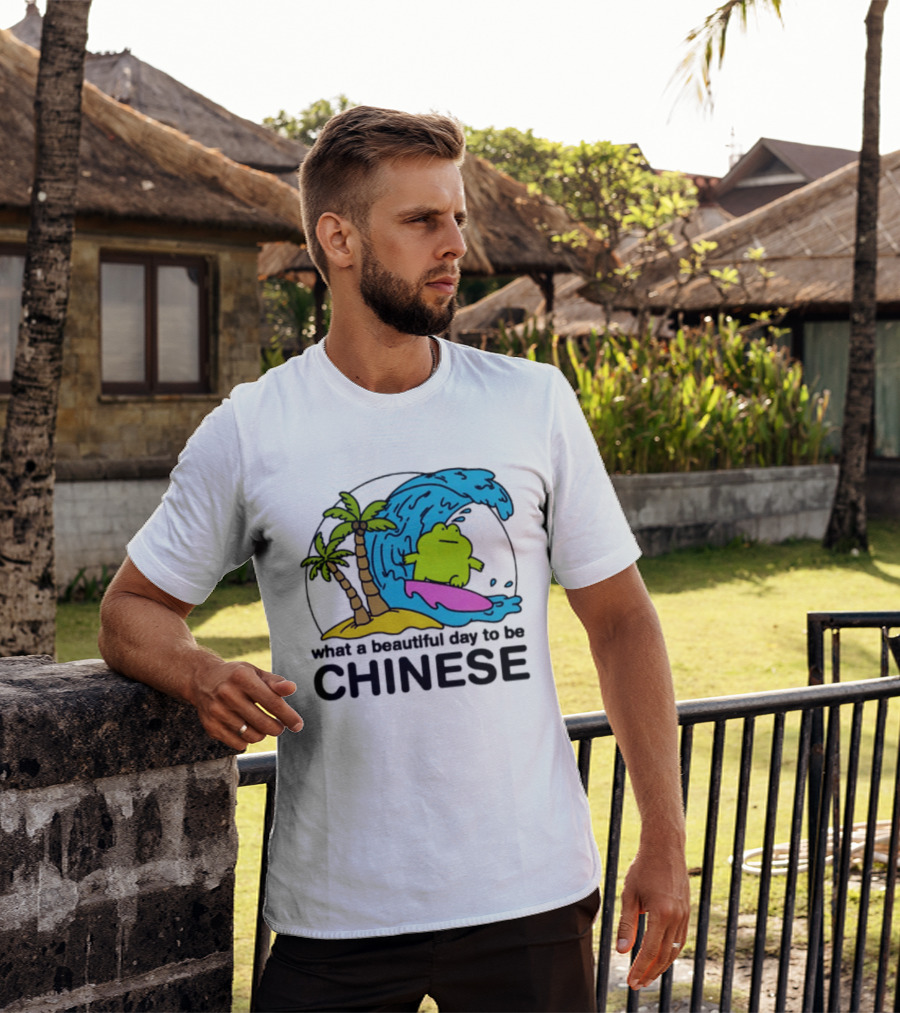 What A Beautiful Day To Be Chinese Surfing Frog With Palm Trees And Waves T-Shirt