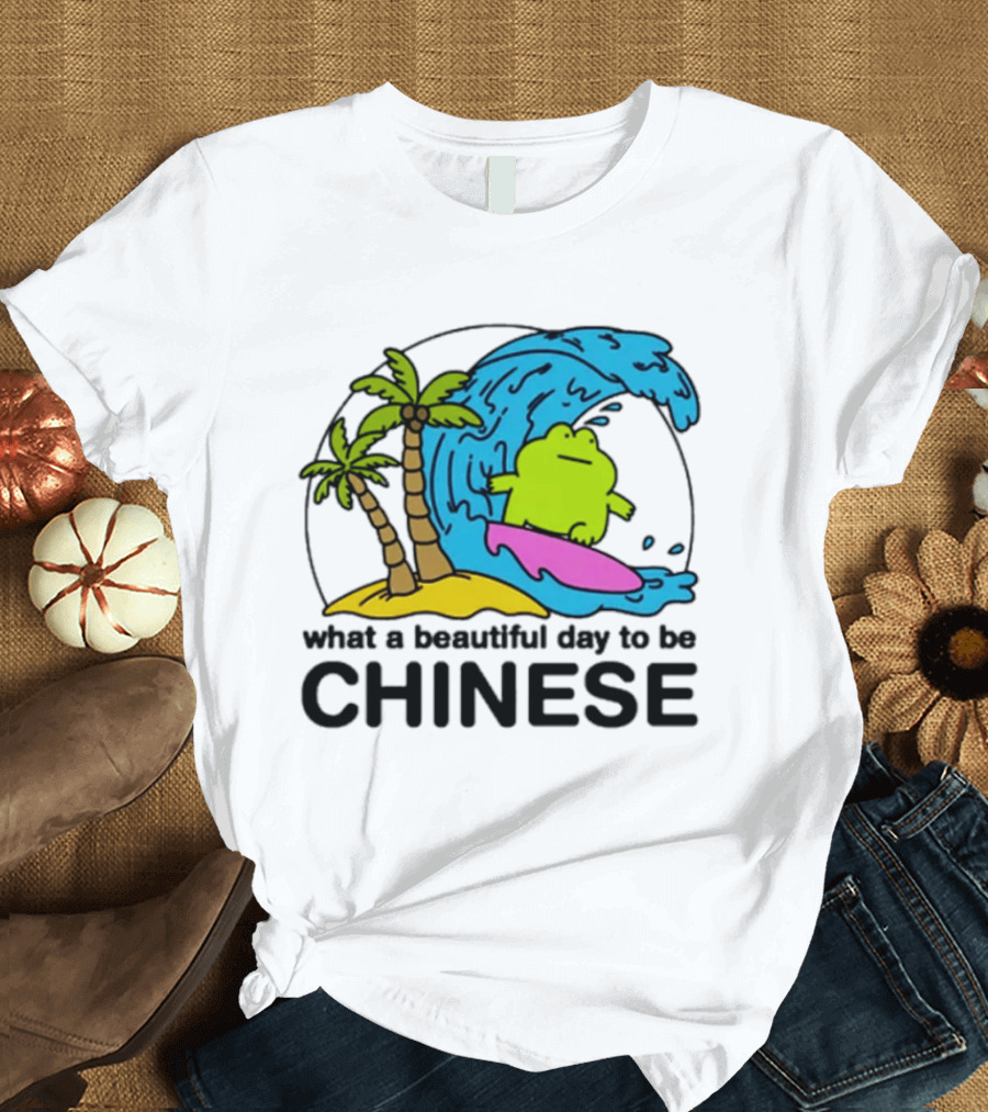 What A Beautiful Day To Be Chinese Surfing Frog With Palm Trees And Waves T-Shirt