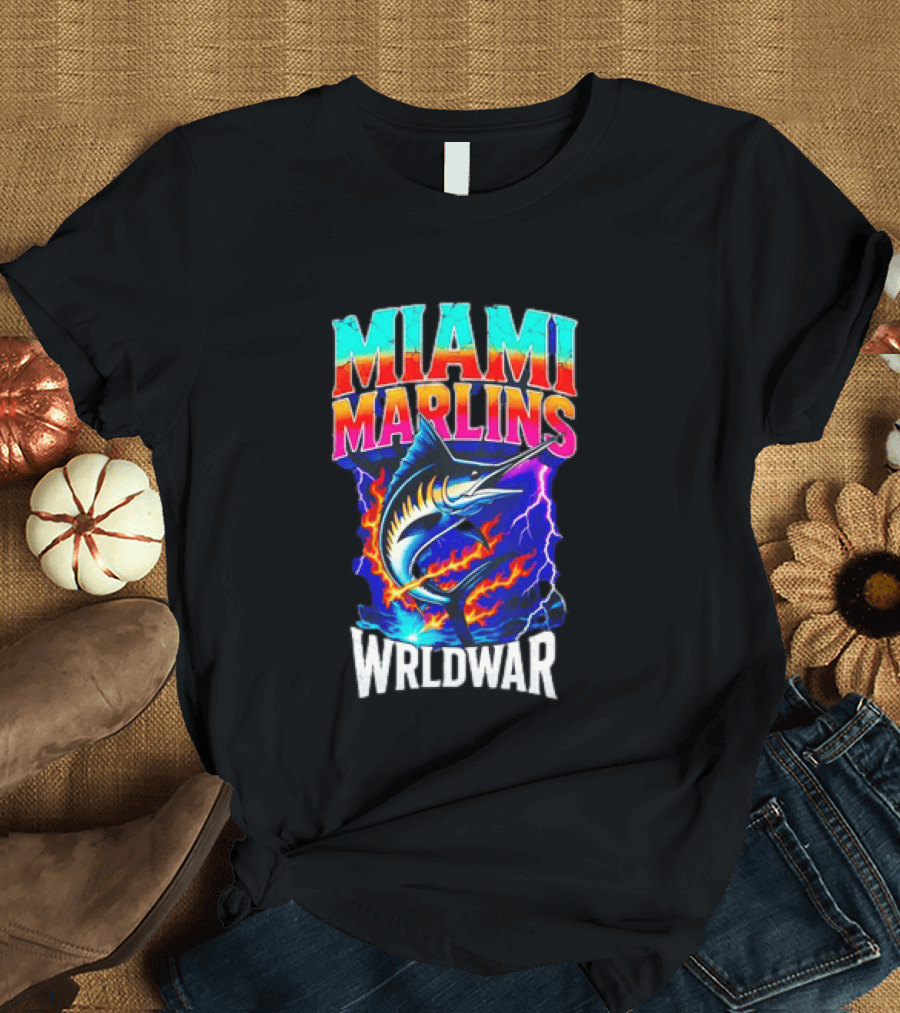 Miami Marlins Wrldwar Lightning Flame Marlin T-Shirt