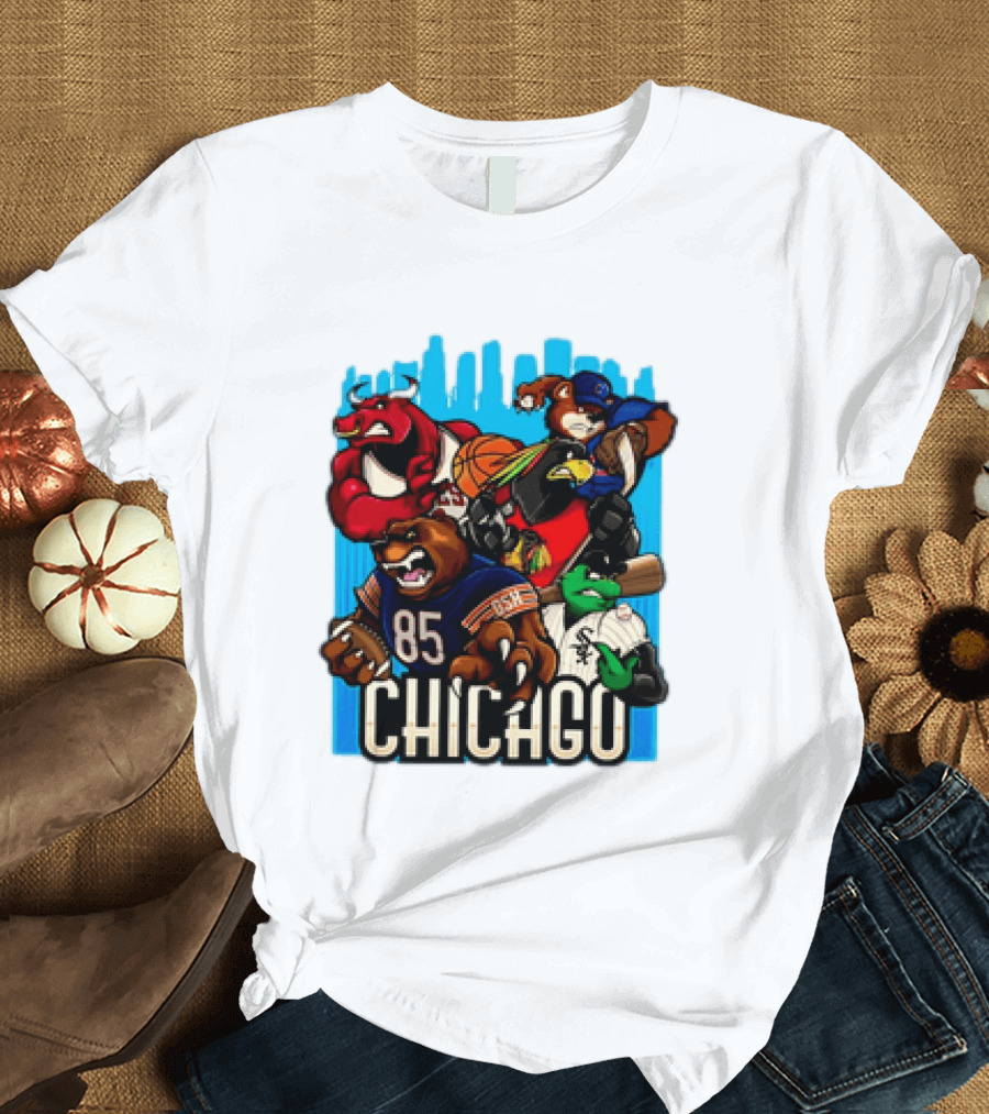 Chicago Bulls Bears Blackhawks Cubs White Sox Sports Team Characters T-Shirt