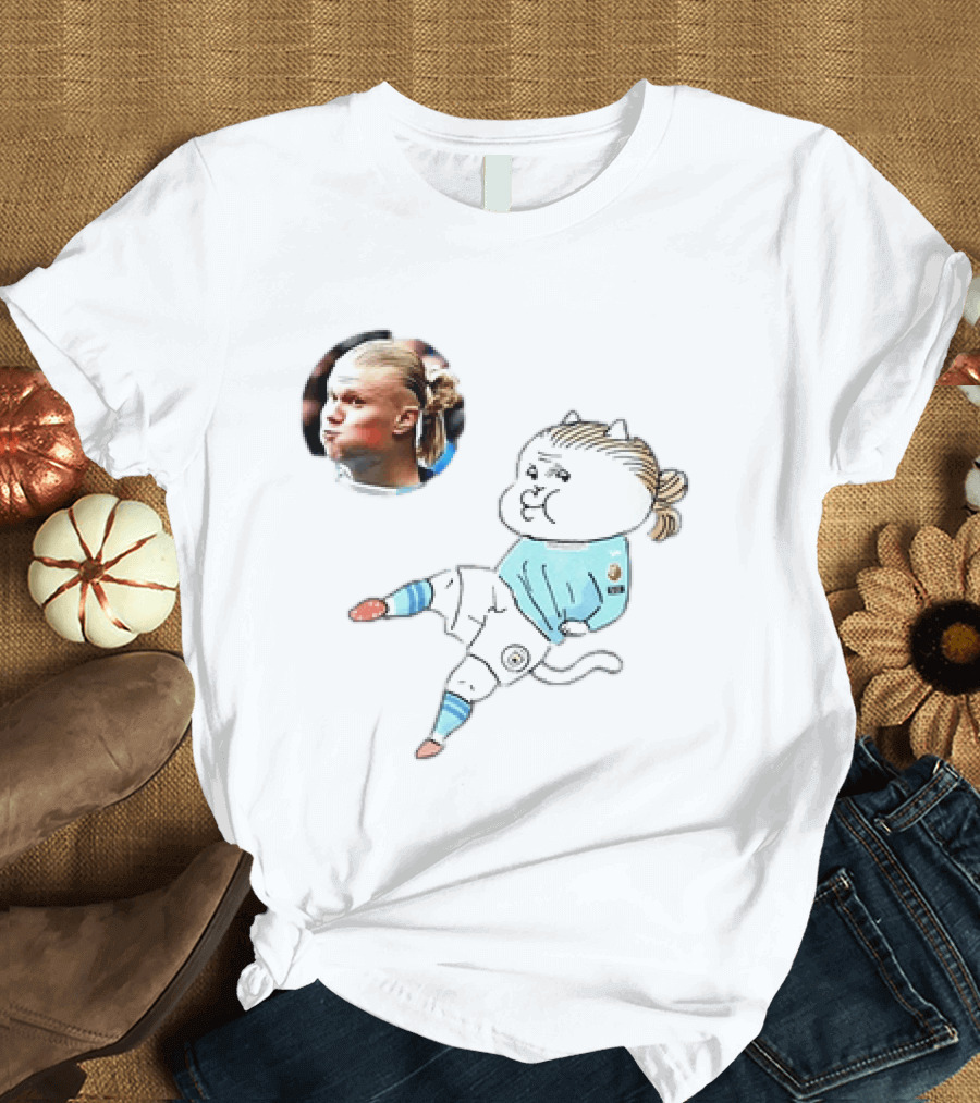 Erling Haaland Manchester City Cat Cartoon Football T-Shirt