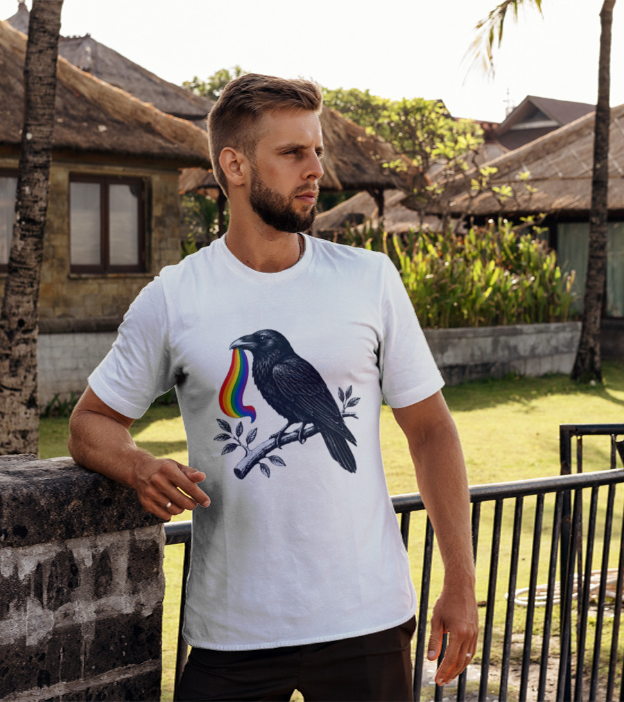 Rainbow Raven Pride Bird Holding Colorful Ribbon On Branch T-Shirt