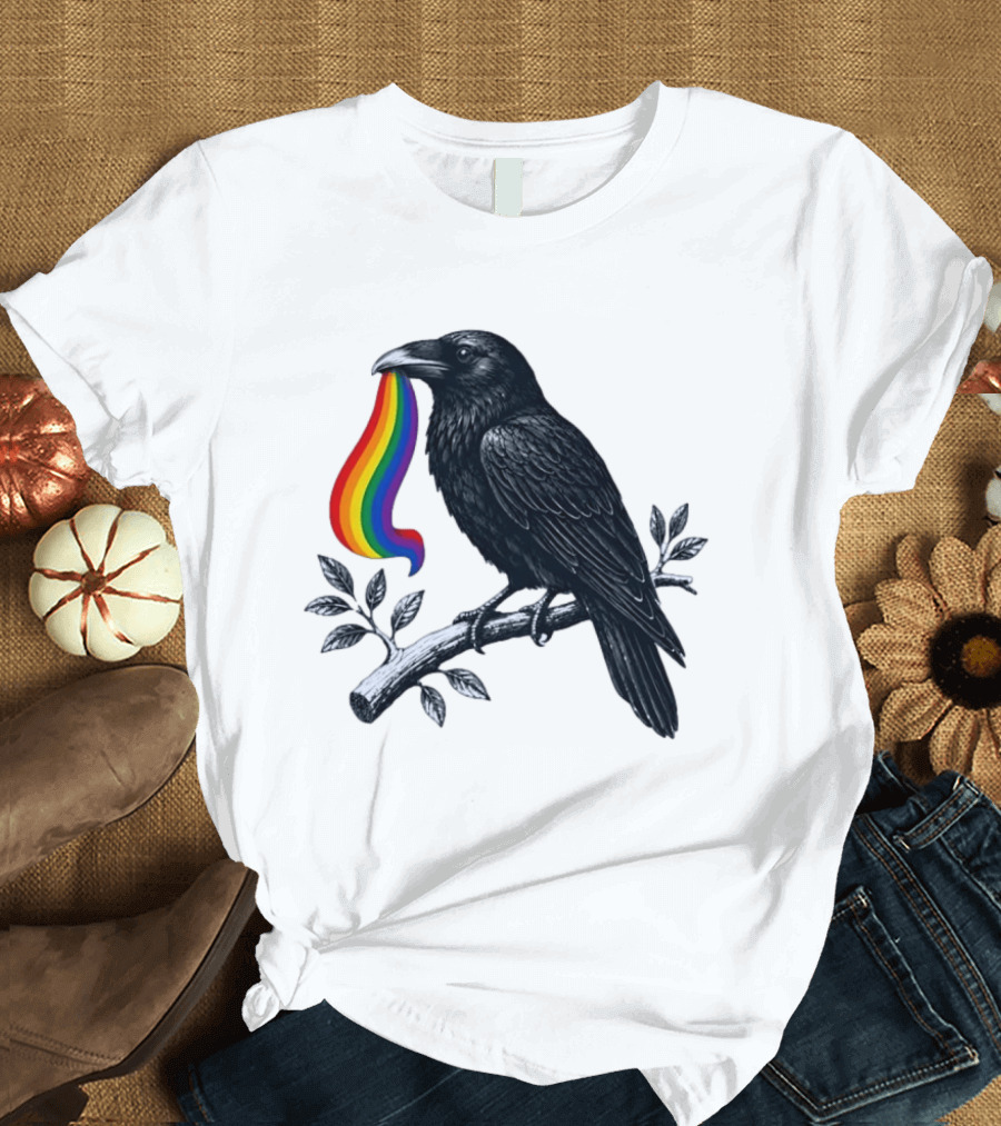 Rainbow Raven Pride Bird Holding Colorful Ribbon On Branch T-Shirt