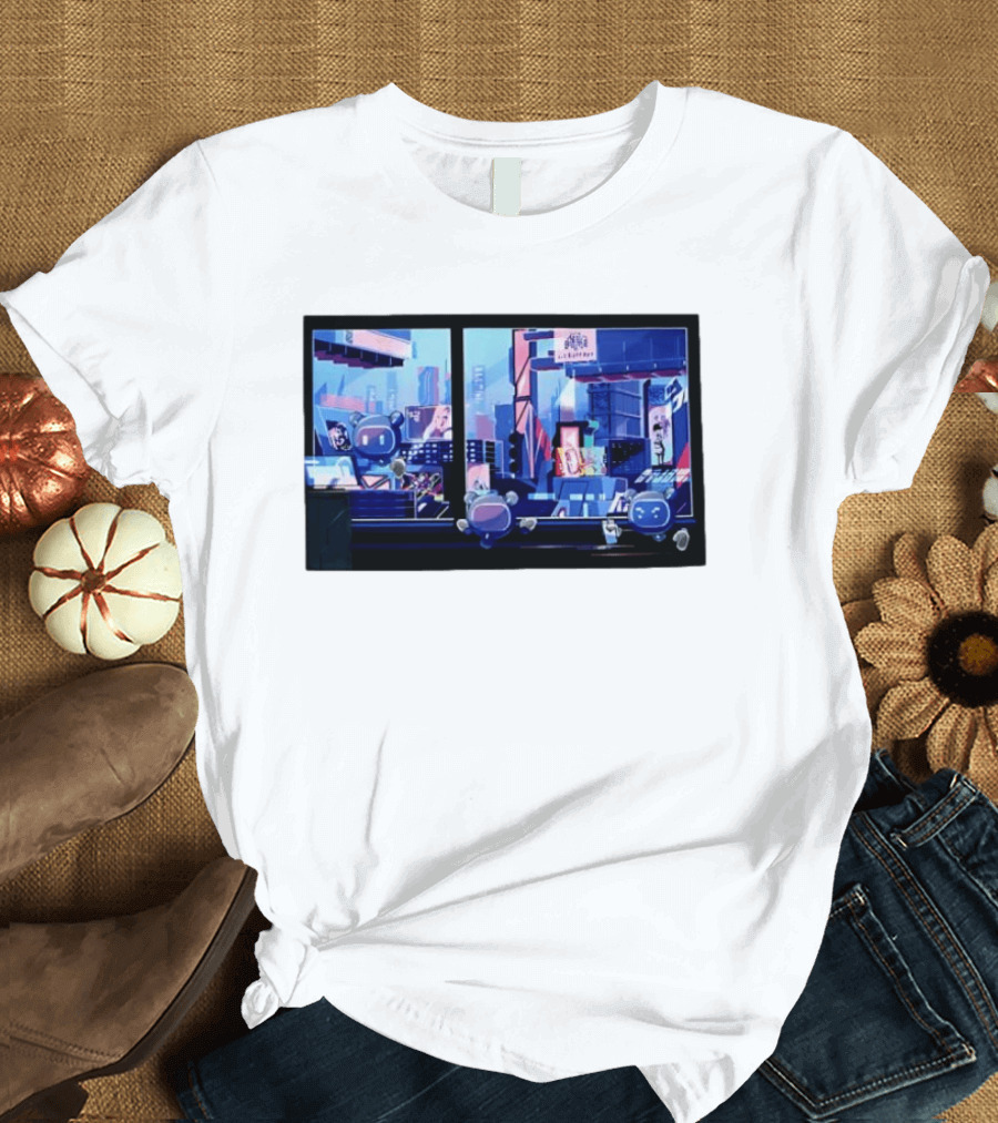 Lit Bot Apts Robots Futuristic City Skyline Pixel T-Shirt