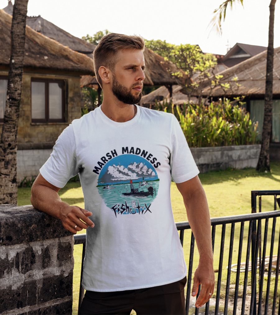 Marsh Madness Fishstix Boat Fishing Scene T-Shirt