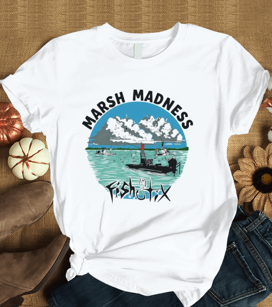 Marsh Madness Fishstix Boat Fishing Scene T-Shirt