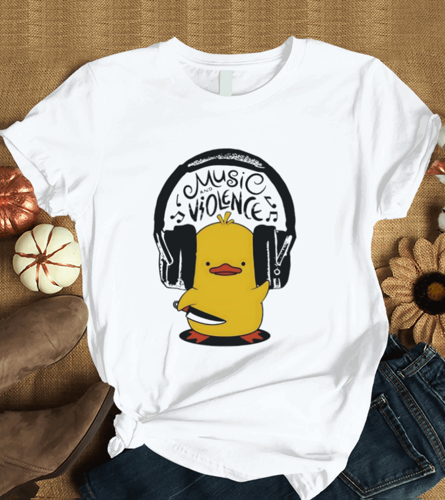 Murder Duck Music And Violence Headphones Knife Animal Bird T-Shirt