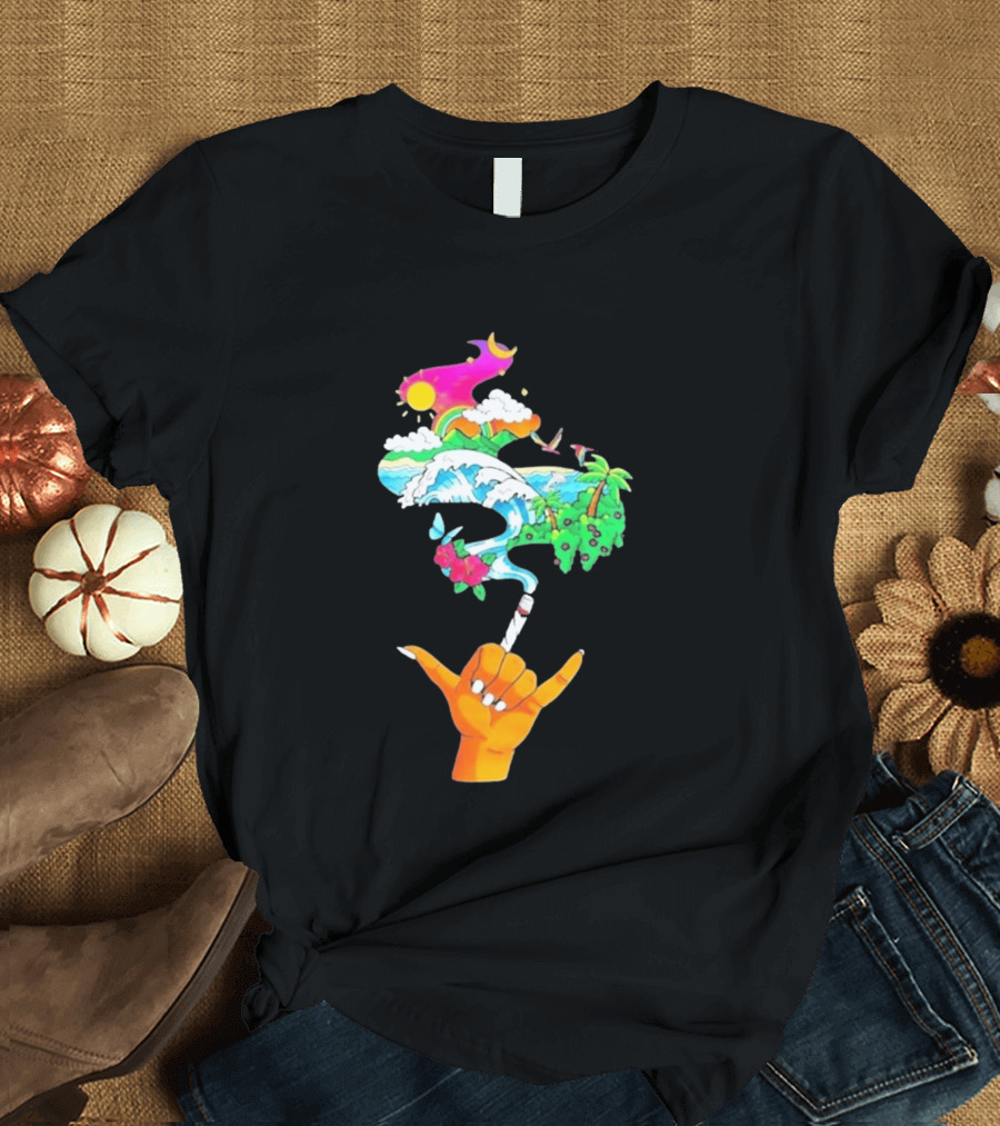 Shaka Hand Gesture With Tropical Island Wave And Colorful Clouds T-Shirt