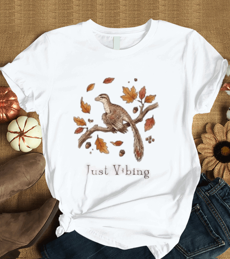 Archaeopteryx Bird With Autumn Leaves Acorns Just Vibing Paleontology Nature T-Shirt